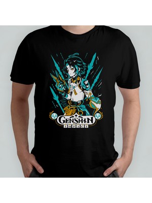 Pixxa Genshin Impact Xiao Unisex %100 Pamuklu Bisiklet Yaka T-Shirt