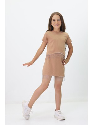 Kız Çocuk Zincir Detaylı Crop Takım – Etekli 4-10 Yaş