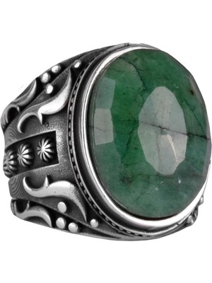 925K Saf Gümüş Erkek Yüzük, El Yapımı Doğal Zümrüt Taşlı Yüzük, Tasarım Gümüş Erkek Yüzük