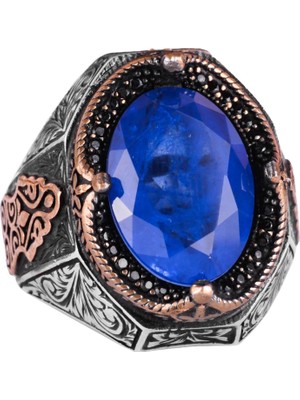 Navy Mavi Paraiba Yapay Taş Yüzük, 925 Ayar Gümüş Yüzük, Şık El Yapımı Gümüş Erkek Yüzüğü