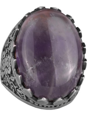 Doğal Taş Yüzük - Gül Desenli Yüzük - 925 Ayar Gümüş Yüzük - El Yapımı Büyük Yüzük (Ametist)