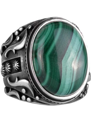 Doğal Malakit Taşlı Yüzük, 925 Ayar Sıkı Gümüş Erkek Yüzüğü, Şifa Enerjisi Tasarımı