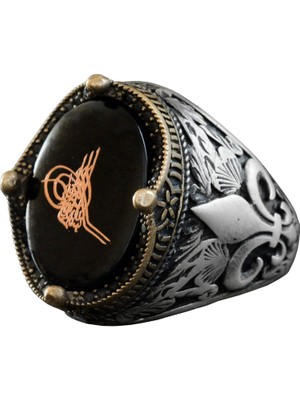 El Yapımı Siyah Oniks Taş Yüzük, 925 Ayar Gümüş Erkek Yüzüğü, Türk Tuğra Tasarımı