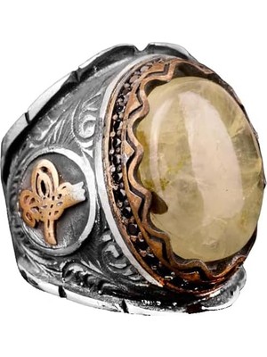 Doğal Prehnite Taş Yüzük, 925 Ayar Gümüş Erkek Yüzük, Tugra Yüzük