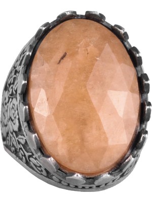 Doğal Taş Yüzük - Gül Desenli Yüzük - 925 Ayar Gümüş Yüzük - El Yapımı Büyük Yüzük (Sarı Safir)