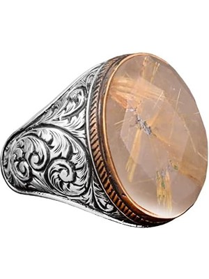 Doğal Rutile Kuvars Taşlı Erkek Yüzük, 925 Ayar Gümüş Yüzük