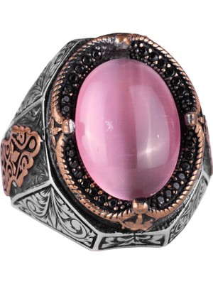 925 Ayar Gümüş Yüzük, Pembe Kedi Gözü Oluşturulmuş Taş Yüzük, Tasarım Gümüş Erkek Yüzüğü