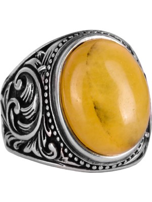 925 Ayar Katı Gümüş Yüzük - Doğal Sarı Akik Taşlı Yüzük, Tasarım Gümüş Erkek Yüzüğü