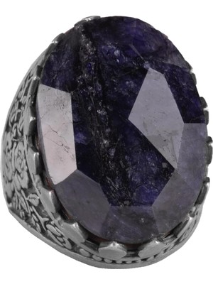 925 Ayar Gümüş Yüzük - Gül Desenli Yüzük - Yapay Taş Yüzük - El Yapımı Yüzük (Yapay Safir)