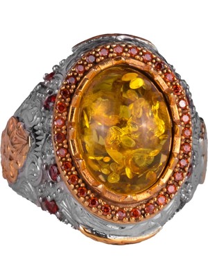 Yapay Taş Yüzük - Sultan Yüzüğü - 925 Ayar Gümüş Yüzük - El Yapımı Kral Yüzüğü (Yapay Amber)