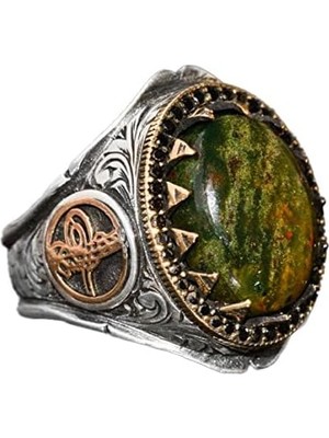 Doğal Kan Taşı Erkek Yüzüğü - 925 Ayar Gümüş Osmanlı Imparatorluğu Tuğra Tasarımı