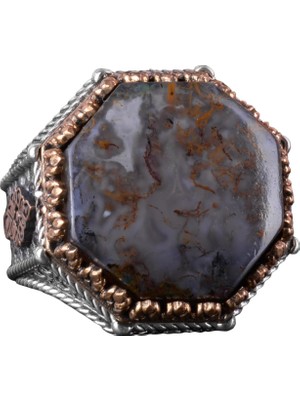 Doğal Taş Yüzük - Sekizgen Tasarım - El Yapımı 925 Ayar Gümüş Takı (Kan Taşı)