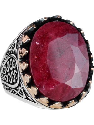 925 Ayar Katı Gümüş Erkek Yüzük Doğal Taşlarla - El Yapımı Şıklık (Fasetli Yakut Taş)