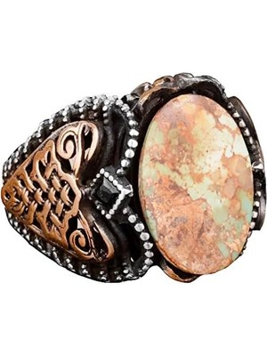 Erkekler Için Yeşil Turkuaz Taş Yüzük, 925 Ayar Gümüş ile Vintage Ortadoğu Tasarımı (Stil-5)