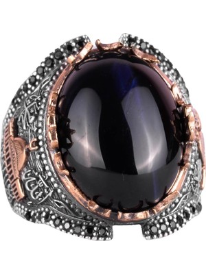 925 Ayar Gümüş Yüzükler, Lacivert Kedi Gözü Oluşturulmuş Taş Yüzük