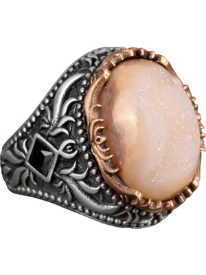 Vintage Erkek 925 Ayar Gümüş Yüzük Druzy Kuvars: Yeşil, Kırmızı, Lacivert, Bej, Siyah (Bej)