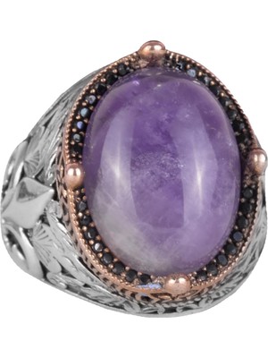 925 Ayar Gümüş El Yapımı Erkek Yüzük - Farklı Doğal Taşlarla Mevcuttur (Ametist)