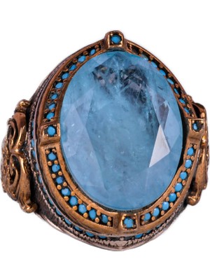 925 Ayar Gümüş Erkek Yüzük, Oluşturulmuş Taş, El Yapımı Vintage Tasarım Ifade Yüzüğü (Oluşturulmuş Açık Mavi Paraiba)