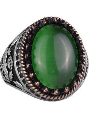 925 Ayar Gümüş Yüzük, Yapay Taş Yüzük, Kartal Sembolü Yüzük, El Yapımı Yüzük (Yapay Yeşil Kedi Gözü)