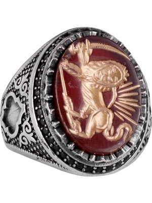 Doğal Akik Taşı Aslan Yüzüğü - Oymalı ve Kazınmış Taş 925 Ayar Gümüş Erkek Yüzüğü