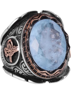 Işıltılı Mavi Paraiba Yaratılmış Taş Yüzük, 925 Ayar Gümüş Yüzük, Osmanlı Gümüş Yüzük