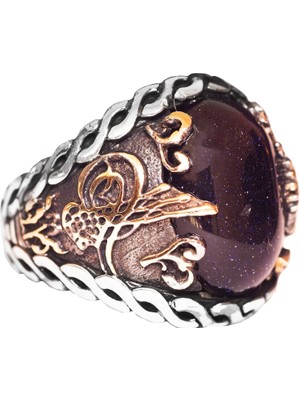 925 Ayar Gümüş Erkek Yüzük - Gece Yıldızı Mavi Yapay Taş - Şık El Yapımı Takı - Osmanlı Imparatorluğu Tugrası