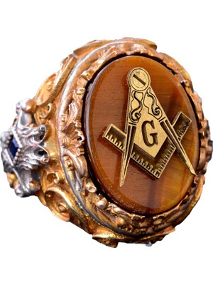 Mason Yüzüğü - Usta Mason Sterling Gümüş Yüzük, Kaplan Gözü Taşı, Altın Kaplama