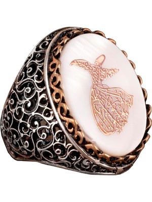 Regal ve Sembolik Erkek 925 Ayar Gümüş Yüzük - Dönen Derviş Sembolü ve Doğal Taşlarla Süslenmiş