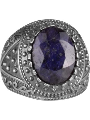 Doğal Taş Yüzük, 925 Ayar Sterlin Gümüş Erkek Yüzük (Mavi Safir)