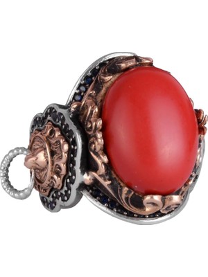 Kırmızı Mercan Taşı Yüzük, 925 Ayar Gümüş Erkek Yüzüğü, Aslan Sembolü Yüzüğü, Hayvan Gümüş Yüzüğü