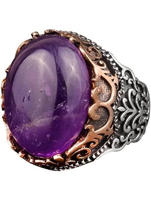 Erkekler Için Doğal Ametist Taşlı Yüzük, 925 Ayar Gümüş El Yapımı Vintage Tarzı, Şifa Kristali Takı