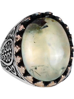 925 Ayar Katı Gümüş Erkek Yüzük Doğal Taşlarla - El Yapımı Şıklık (Prehnite Jade Taşı)