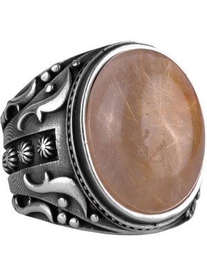 Doğal Cabochon Altın Rutilatlı Kuvars Taşlı Yüzük, Tasarım Gümüş Erkek Yüzüğü, 925 Ayar Sert Gümüş Erkek Yüzüğü