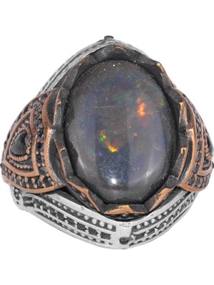 925 Ayar Gümüş Erkek Yüzük - Doğal Opal - Bronz Kaplama Detaylar - El Yapımı Dikkat Çekici Parça