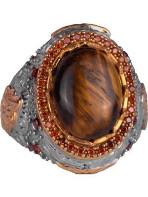 Doğal Taş Yüzük - Sultan Yüzük - 925 Ayar Gümüş Yüzük (Kaplan Gözü)