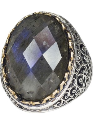 Erkekler Için 925 Ayar Gümüş Yüzük, Doğal Labradorit Taşı