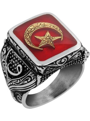 925 Ayar Gümüş Erkek Yüzük - Ay ve Yıldız ile Oluşturulmuş Granat Taşı