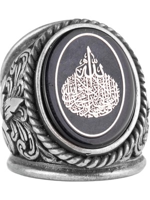 Islami Erkek Yüzüğü, Hat Sanatı Tasarımı, Oniks Taşlı Sterlin Gümüş Dinî Yüzük