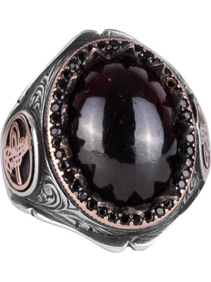 925 Ayar Katı Gümüş Erkek Yüzük Doğal Taşlarla - El Yapımı Şıklık (Granat Taşı)