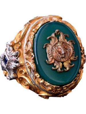 Jade Taş Yüzük - 925 Ayar Gümüş Yüzük - El Yapımı Erkek Altın Kaplama Yüzük (Aslan)