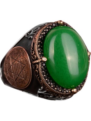 Gümüş Süleyman Mührü Yüzüğü, Yeşil Taş Yüzük - Huzurlu 925K Katı Gümüş Erkek Yüzüğü - Uyum ve Refah Tasarımı