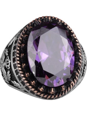 925 Ayar Gümüş Yüzük, Yapay Taş Yüzük, Kartal Sembolü Yüzük, El Yapımı Yüzük (Yapay Ametist)