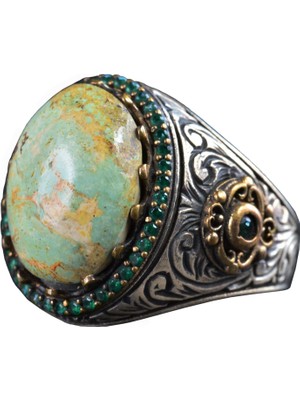 925 Ayar Gümüş Erkek Yüzük Doğal Arizona Turkuaz Taşı ve Ayrıntılı Oymalı Tasarım