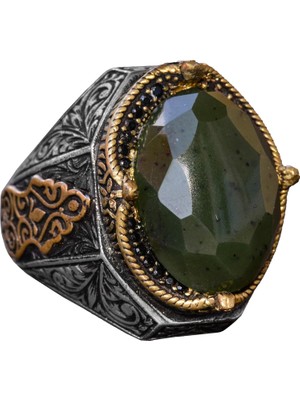 El Yapımı Vintage Tasarım Zümrüt Yüzük - 925 Ayar Gümüş Erkek Yüzük Altın Detaylarla (Jade)
