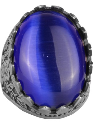 925 Ayar Gümüş Yüzük - Gül Desenli Yüzük - Erkekler Için Yapay Taş Yüzük - El Yapımı Yüzük (Yapay Lacivert Kedigözü)