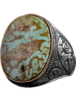 Doğal Turkuaz Taş Yüzük - Büyük Erkek Yüzüğü - 925 Ayar Gümüş Yüzük