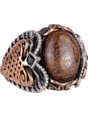 El Yapımı Doğal Bronzit Taş Yüzük, 925 Ayar Katı Gümüş Erkek Yüzüğü