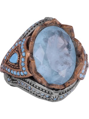 Yaratılmış Taş Yüzük - Özgün El Yapımı 925 Ayar Gümüş Erkek Takısı - Yaratılmış Mavi Paraiba Erkek Yüzüğü