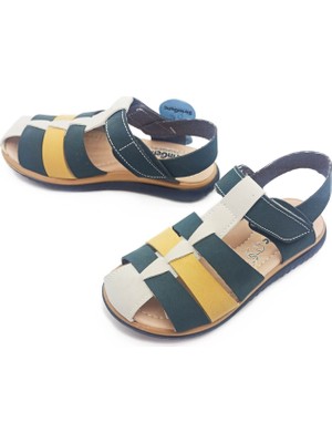 Şirin Genç Ortopedik Taban Yeşil-Sarı Renk  Kafes Model Cırtlı Erkek Çocuk Sandalet