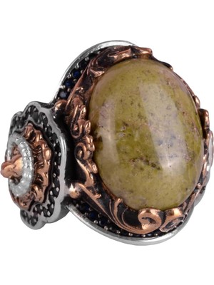 Doğal Unakite Taş Yüzük, Aslan Başı Erkek Yüzüğü - 925K Katı Gümüş Erkek Yüzüğü - Sanatsal Tasarım